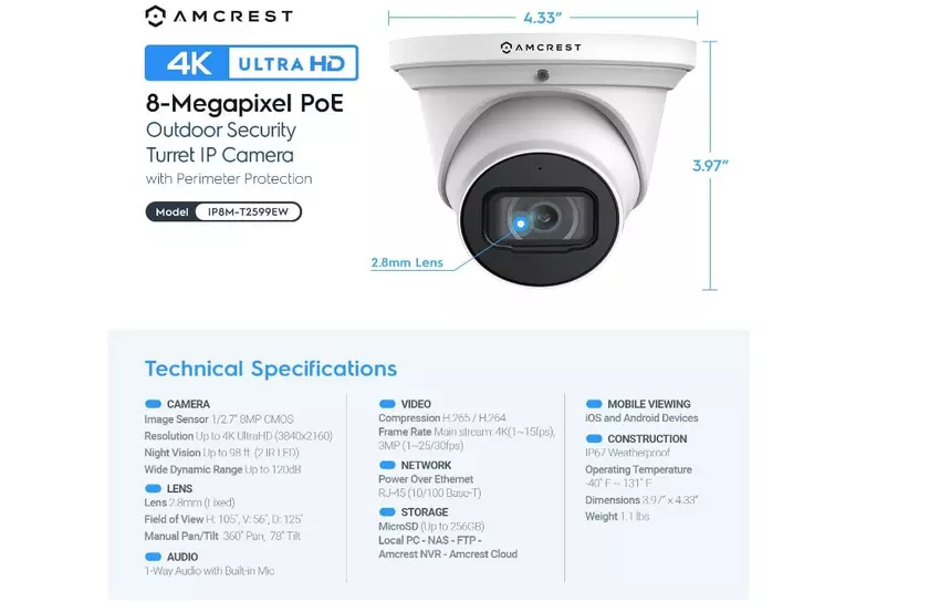 Amcrest 4K kit cámaras PoE cable