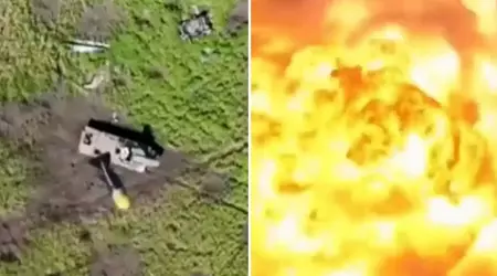 Un cuadricóptero ucraniano despedazó espectacularmente con una sola granada un lanzacohetes de desminado autopropulsado ruso UR-77 "Meteorito" con 700 kg de explosivos.