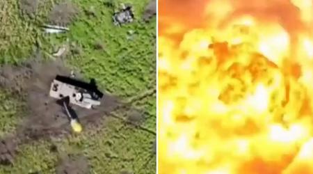 Un cuadricóptero ucraniano despedazó espectacularmente con una sola granada un lanzacohetes de desminado autopropulsado ruso UR-77 "Meteorito" con 700 kg de explosivos.