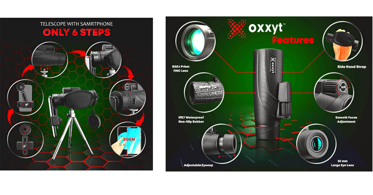 Oxxyt 12x50 telescopio monocular para teléfono