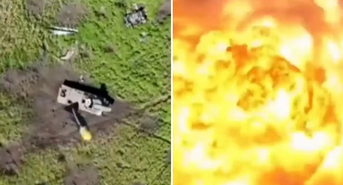Un cuadricóptero ucraniano despedazó espectacularmente con una sola granada un lanzacohetes de desminado autopropulsado ruso UR-77 "Meteorito" con 700 kg de explosivos. Un cuadricóptero ucraniano despedazó espectacularmente con una sola granada un lanzacohetes de desminado autopropulsado ruso UR-77 "Meteorito" con 700 kg de explosivos.