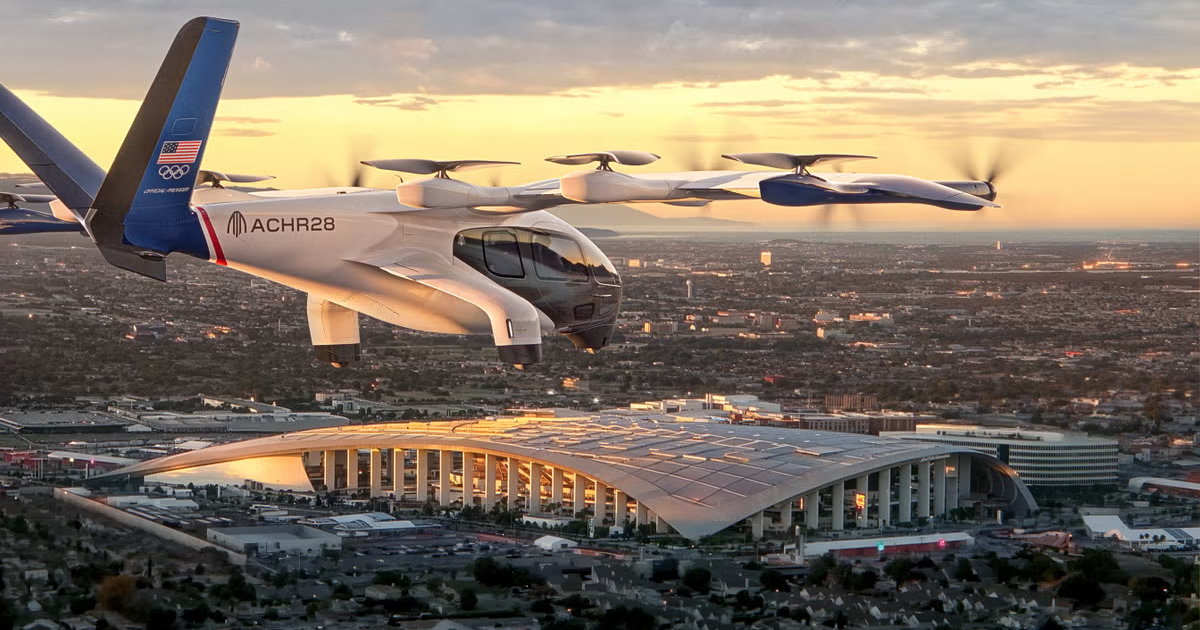Innovación y tecnología: una mirada al eVTOL contra el fondo del legendario estadio Sumergiéndose en el futuro: eVTOL contra el fondo de una obra maestra arquitectónica en California