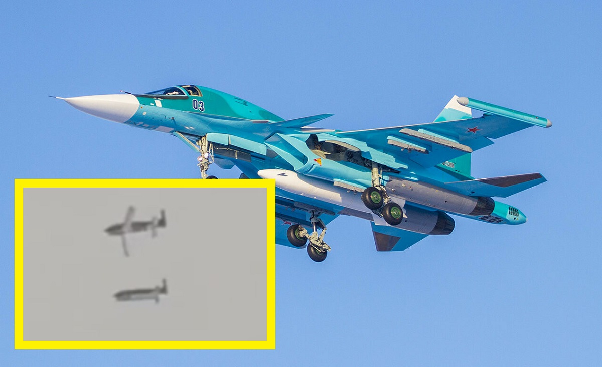 La propaganda rusa difundió el primer vídeo de un lanzamiento análogo de JDAM por un caza Su-34, que muestra una bomba FAB-500 M62 con un módulo de planificación y corrección La propaganda rusa difundió el primer vídeo de un lanzamiento análogo de JDAM por un caza Su-34, que muestra una bomba FAB-500 M62 con un módulo de planificación y corrección