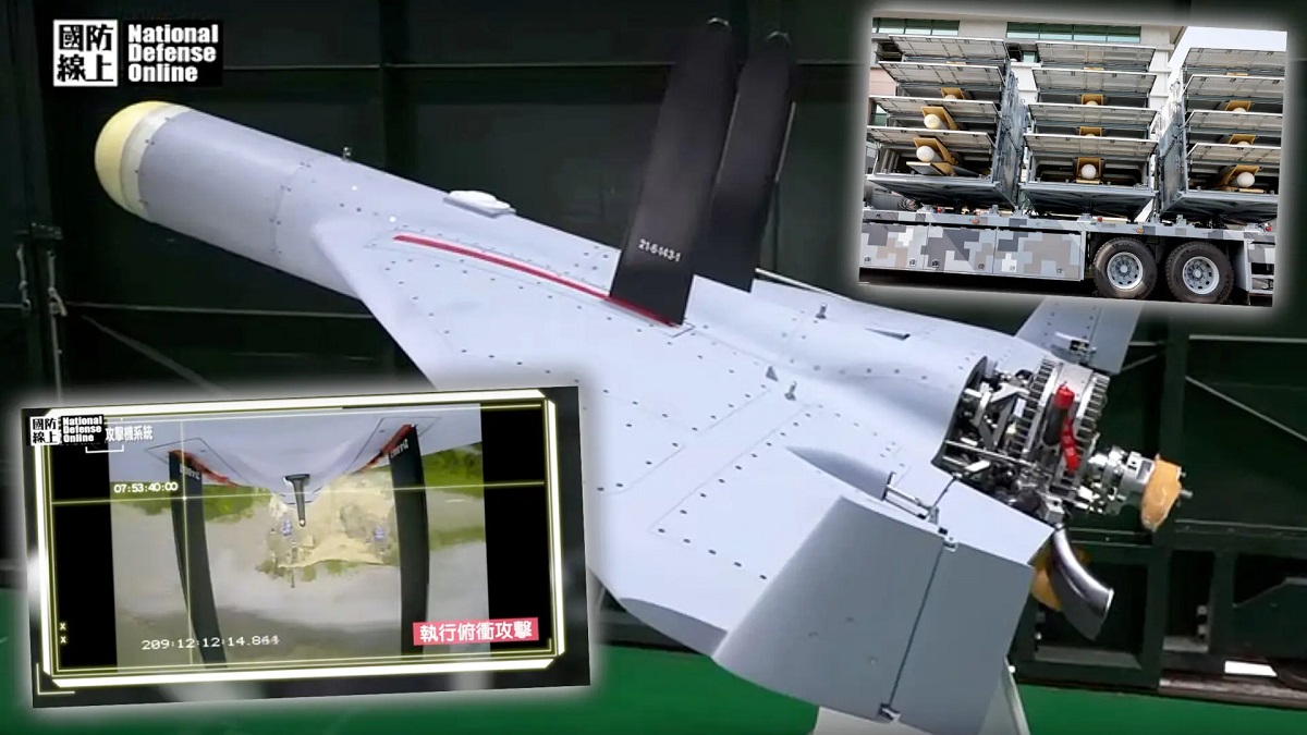 Taiwán ha mostrado unas inéditas imágenes de combate de un dron kamikaze Chien Hsiang con un alcance máximo de lanzamiento de 1.000 km. Taiwán ha mostrado unas inéditas imágenes de combate de un dron kamikaze Chien Hsiang con un alcance máximo de lanzamiento de 1.000 km.