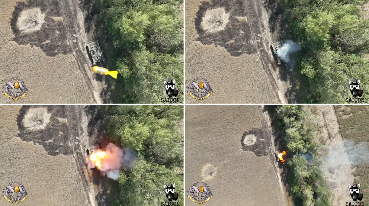 Un dron ucraniano incineró espectacularmente un tanque T-72B3 lanzando una granada Lockheed Martin en la escotilla Un dron ucraniano incineró espectacularmente un tanque T-72B3 lanzando una granada Lockheed Martin en la escotilla