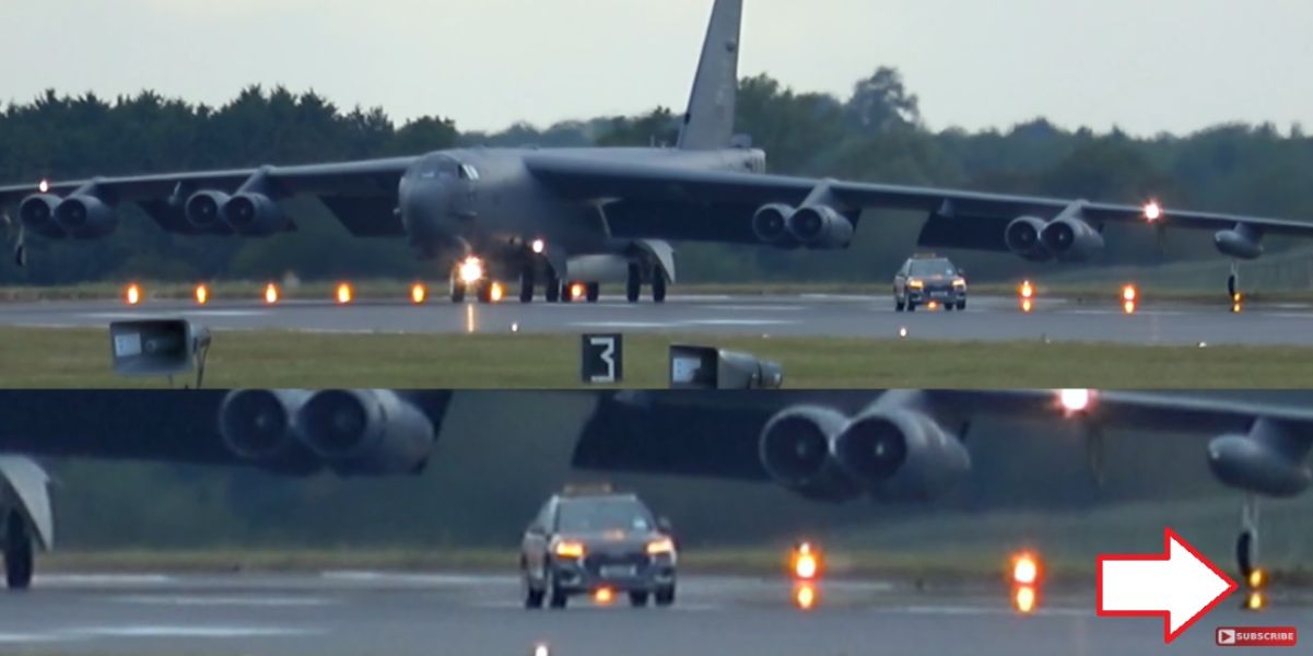 Un bombardero nuclear B-52H Stratofortress destruyó las luces de la pista de aterrizaje en el Reino Unido durante un "paseo del cangrejo". Un bombardero nuclear B-52H Stratofortress destruyó las luces de la pista de aterrizaje en el Reino Unido durante un "paseo del cangrejo".