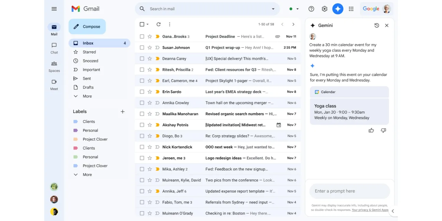 Gmail integra Google Calendar en la barra lateral de Gemini Gmail integra Google Calendar en la barra lateral de Gemini