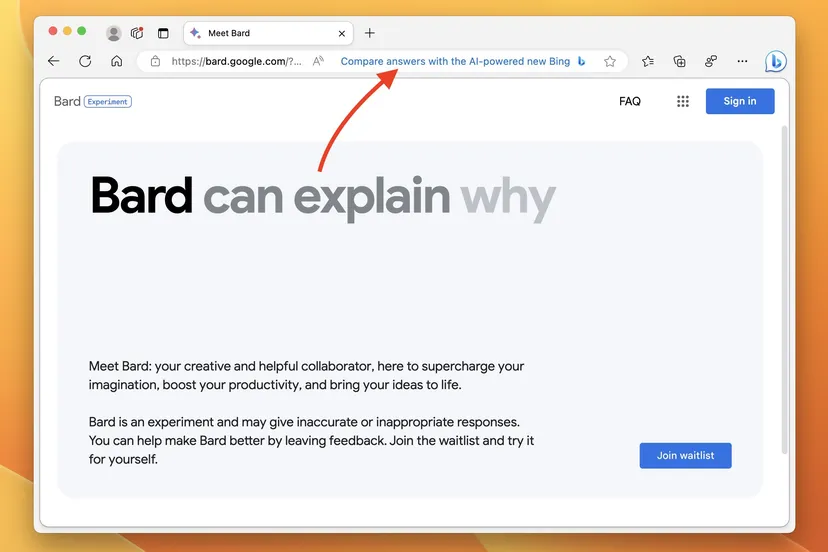 Microsoft Edge anunciará BingAI cuando utilices el chatbot Bard de Google Microsoft Edge anunciará BingAI cuando utilices el chatbot Bard de Google