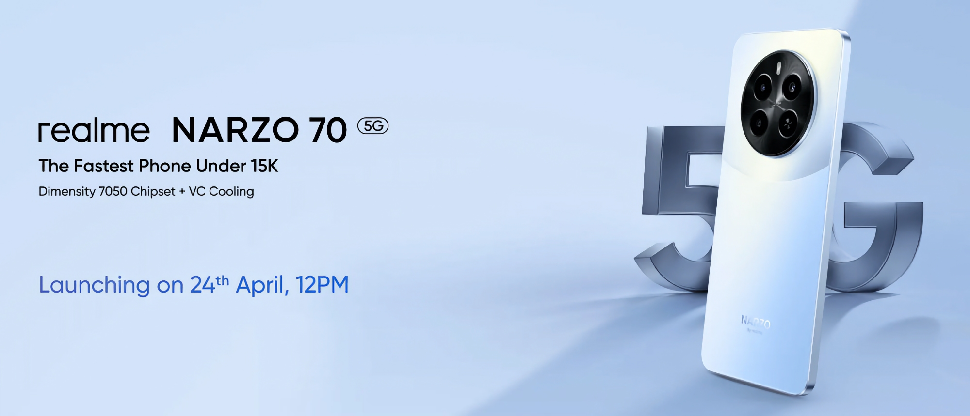 Ya es oficial: realme Narzo 70 5G con chip MediaTek Dimensity 7050 debutará el 24 de abril Ya es oficial: realme Narzo 70 5G con chip MediaTek Dimensity 7050 debutará el 24 de abril