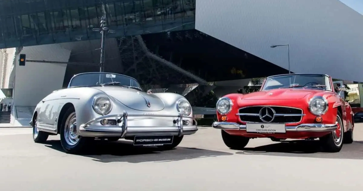 Foto rara: icónicos Porsche 356 y Mercedes W111 junto al Museo Porsche