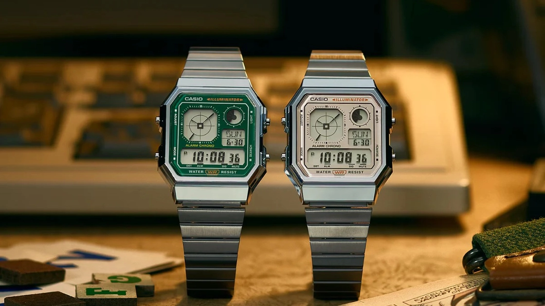La pantalla LCD de la Casio A130WE divide el espacio en secciones analógica y digital, al estilo de los relojes de los 80.