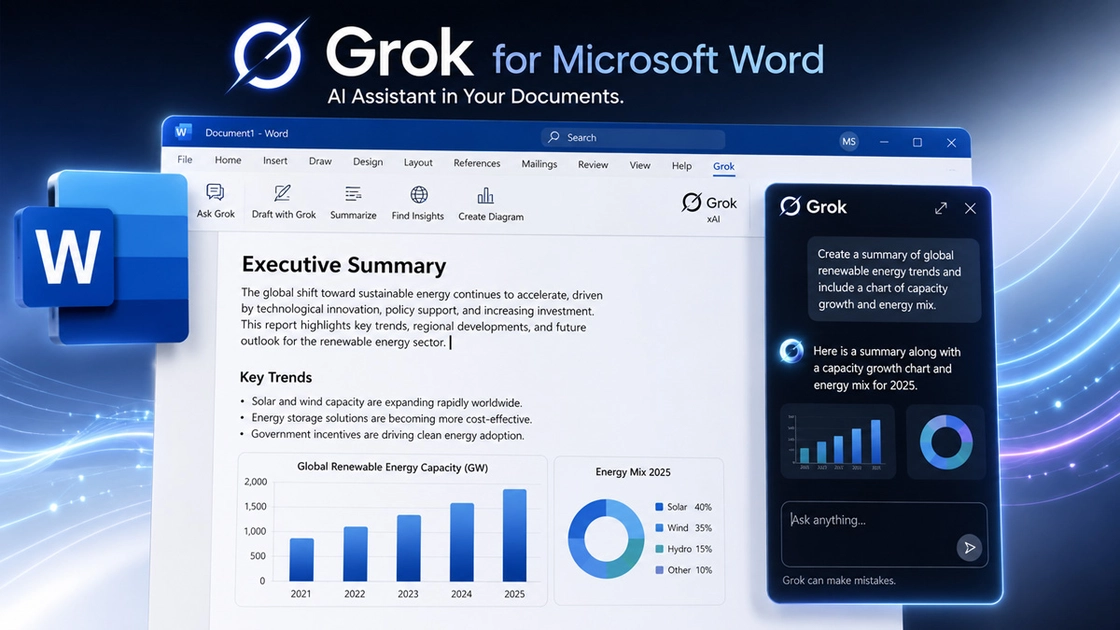 Grok integrado como panel lateral en las aplicaciones de Microsoft Office.