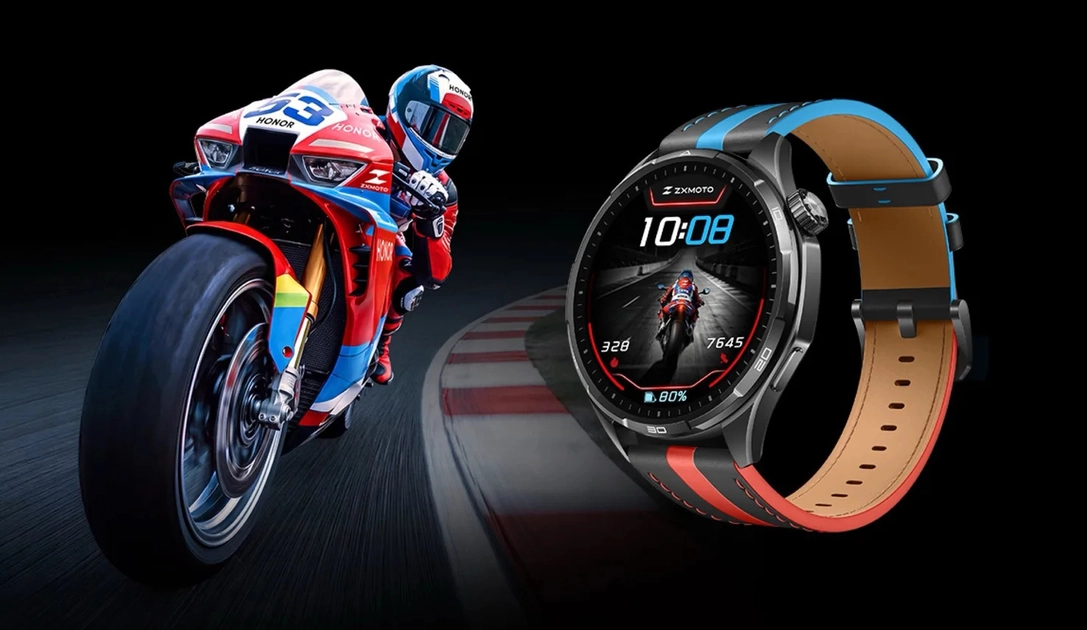 Honor Watch 6 Plus Motorcycle Edition, con correa de cuero y detalles en azul y rojo desarrollados junto al piloto Zhang Xue.