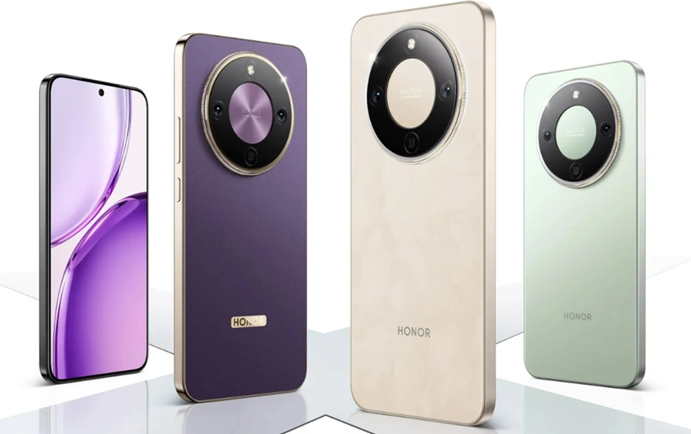 Honor X70 Pro Max en sus cuatro variantes de color: morado, dorado, verde y negro.