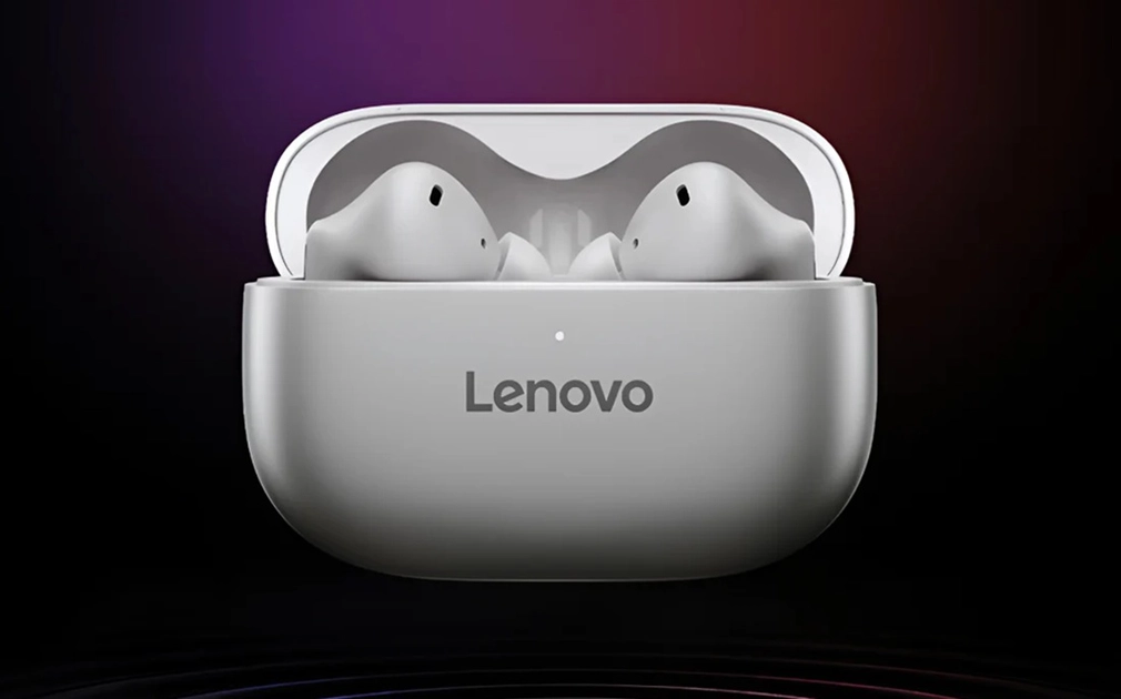 Los Lenovo Yoga True Wireless Noise Cancelling se guardan en posición vertical dentro de su estuche.