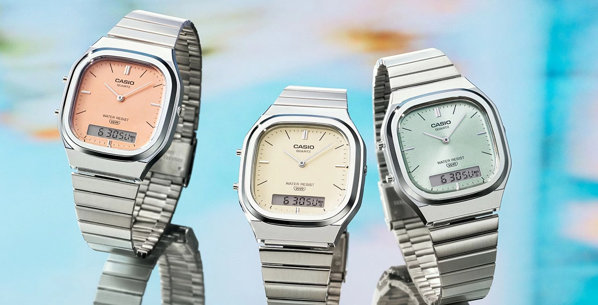 El Casio AQ-240E en sus tres variantes de color pastel: azul claro, naranja mate y blanco roto.