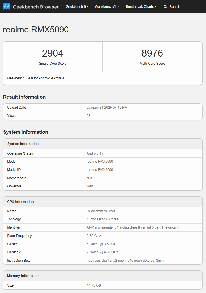 Resultados de la prueba de rendimiento del Realme RMX5090 (GT 7). Ilustración: Geekbench