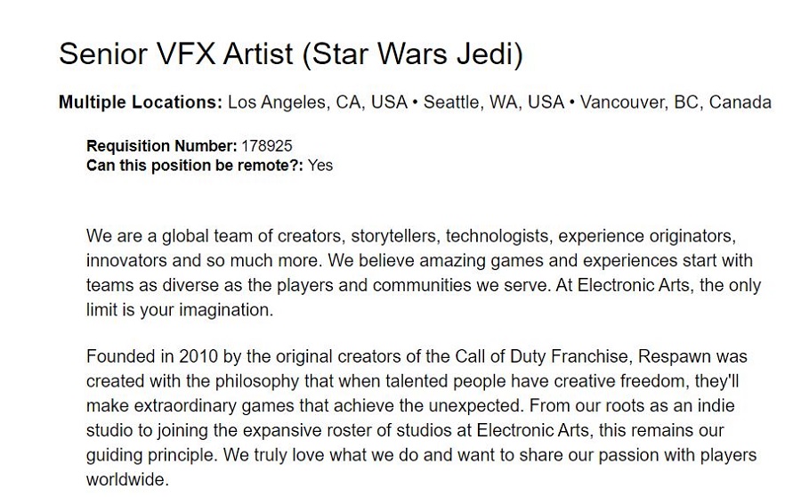 La historia aún no ha terminado: una nueva entrega de Star Wars Jedi ya está en desarrollo, como indican las ofertas de trabajo de Respawn Entertainment-2 La historia aún no ha terminado: una nueva entrega de Star Wars Jedi ya está en desarrollo, como indican las ofertas de trabajo de Respawn Entertainment-2