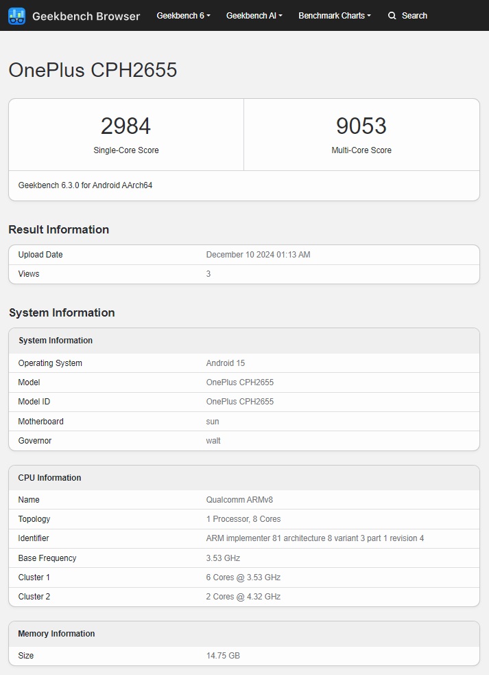 Resultados de las pruebas de rendimiento global del OnePlus 13 Resultados de las pruebas de rendimiento del OnePlus 13 en la plataforma GeekBench