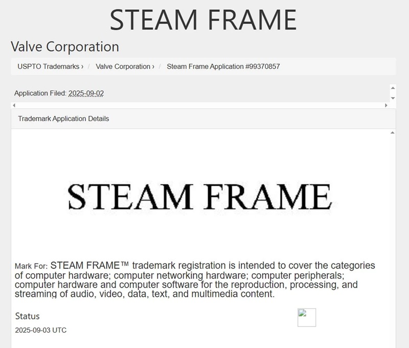 Imagen de la nueva marca registrada Steam Frame de Valve