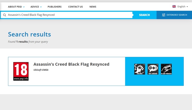 Captura de pantalla de PEGI con clasificacion del remake Black Flag Resynced