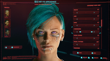 Una pantalla entera de personalización de personajes en Cyberpunk 2077