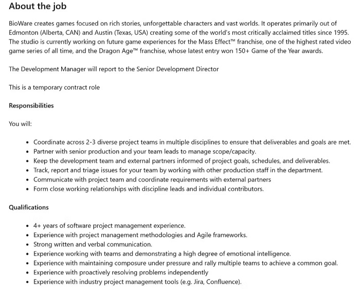 Una oferta de empleo en BioWare insinúa que el estudio está trabajando en otro proyecto además de Dragon Age: Dreadwolf y una nueva entrega de Mass Effect.-2 Una oferta de empleo en BioWare insinúa que el estudio está trabajando en otro proyecto además de Dragon Age: Dreadwolf y una nueva entrega de Mass Effect.-2