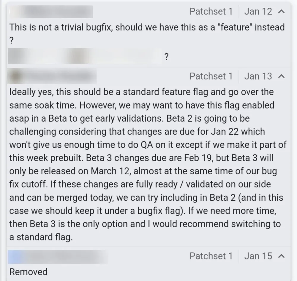 Imagen con comentarios sobre el lanzamiento de Android 16 Un comentario que posiblemente revela las fechas de lanzamiento de las tres primeras versiones beta de Android 16