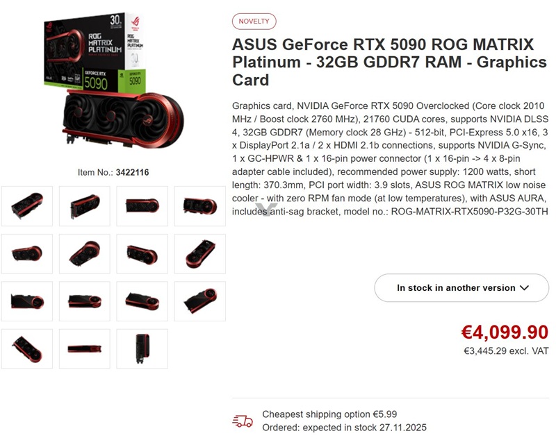 Precios de ASUS ROG Matrix GeForce RTX 5090 en Alemania