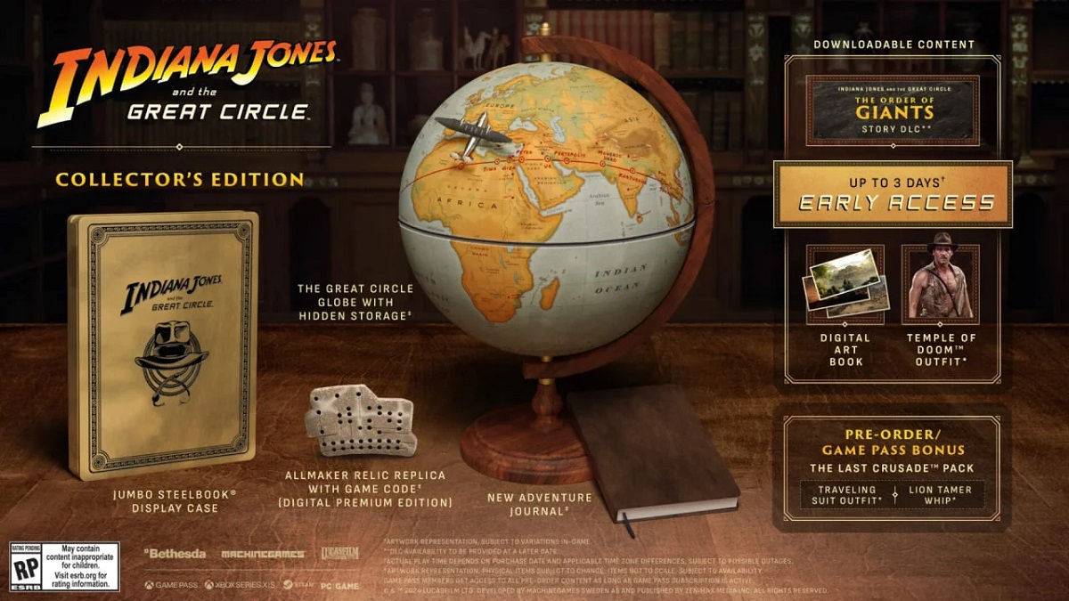 ¿Quién quiere un globo terráqueo? Bethesda ha presentado las ediciones de coleccionista y premium de la aventura de acción Indiana Jones y el Gran Círculo.