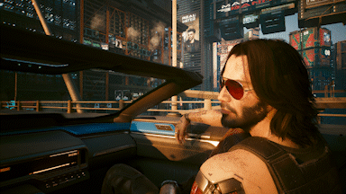 Johnny Silverhand en un coche en Cyberpunk 2077.