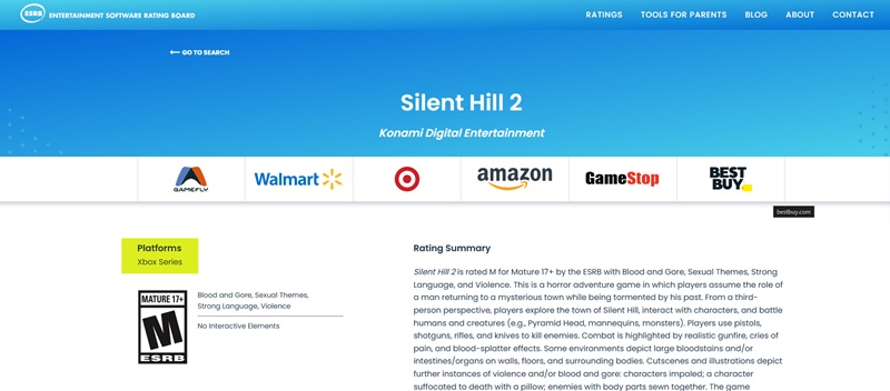 Silent Hill 2 Remake ESRB рейтинг para Xbox Series