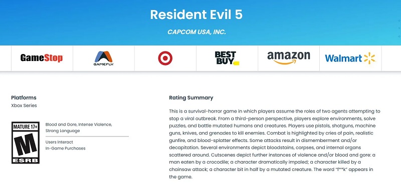 Clasificación por edades de Resident Evil 5 para la serie Xbox. Fuente: ESRB Clasificación por edades de Resident Evil 5 para la serie Xbox. Fuente: ESRB