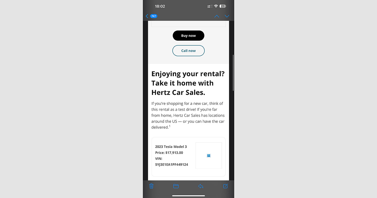 Captura de pantalla de un email de Hertz ofreciendo recomprar el Tesla Model 3 Captura de pantalla de un email de Hertz ofreciendo recomprar el Tesla Model 3