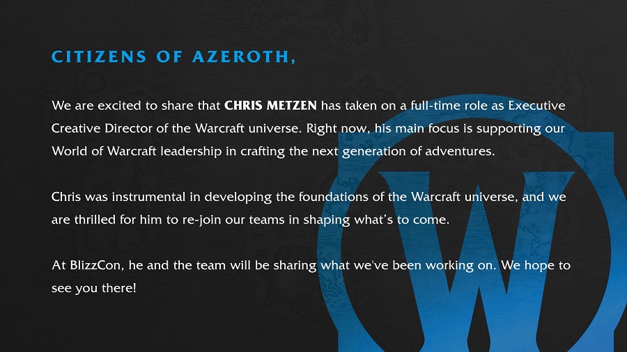El legendario Chris Metzen regresa a Blizzard. Ha sido ascendido a director creativo de la franquicia Warcraft-2 El legendario Chris Metzen regresa a Blizzard. Ha sido ascendido a director creativo de la franquicia Warcraft-2