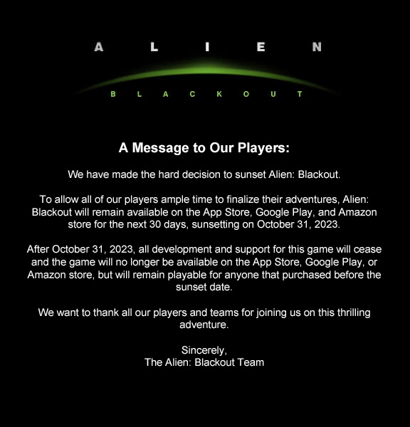 El juego para móviles Alien: Blackout se retirará de App Store, Google Play y Amazon Store el 31 de octubre.-2 El juego para móviles Alien: Blackout se retirará de App Store, Google Play y Amazon Store el 31 de octubre.-2