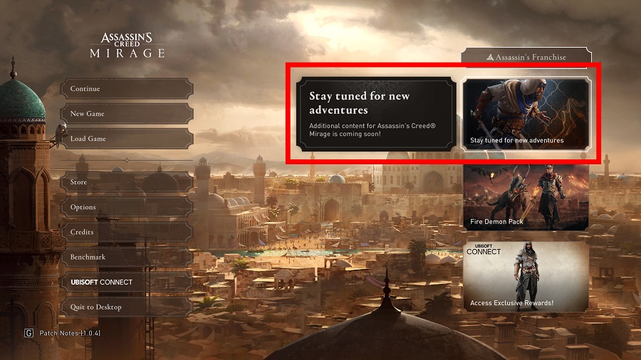 ¿Está Ubisoft preparando un complemento para Assassin's Creed Mirage? Se ha encontrado un misterioso banner publicitario en el menú principal del juego-2 ¿Está Ubisoft preparando un complemento para Assassin's Creed Mirage? Se ha encontrado un misterioso banner publicitario en el menú principal del juego-2