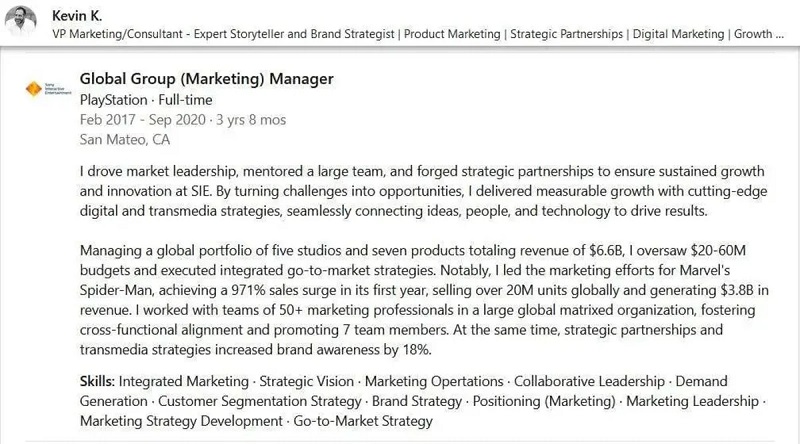 Профиль Kevin K. на Linkedin Скриншот профиля Kevin K. в Linkedin