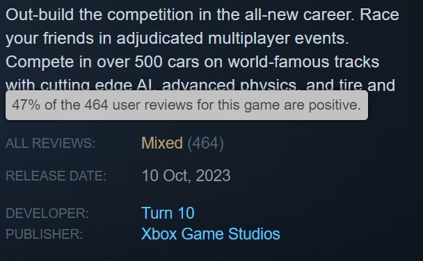 Poco contenido y muchos bugs: Los usuarios de Steam han criticado el simulador de carreras Forza Motorsport, que ha salido hoy a la venta.-2 Poco contenido y muchos bugs: Los usuarios de Steam han criticado el simulador de carreras Forza Motorsport, que ha salido hoy a la venta.-2