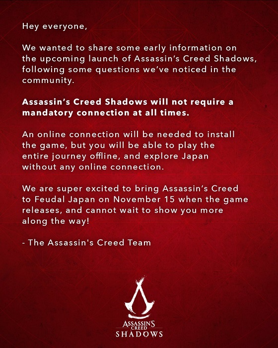 Ya es oficial: Assassin's Creed Shadows no necesita una conexión constante a internet-2 Ya es oficial: Assassin's Creed Shadows no necesita una conexión constante a internet-2