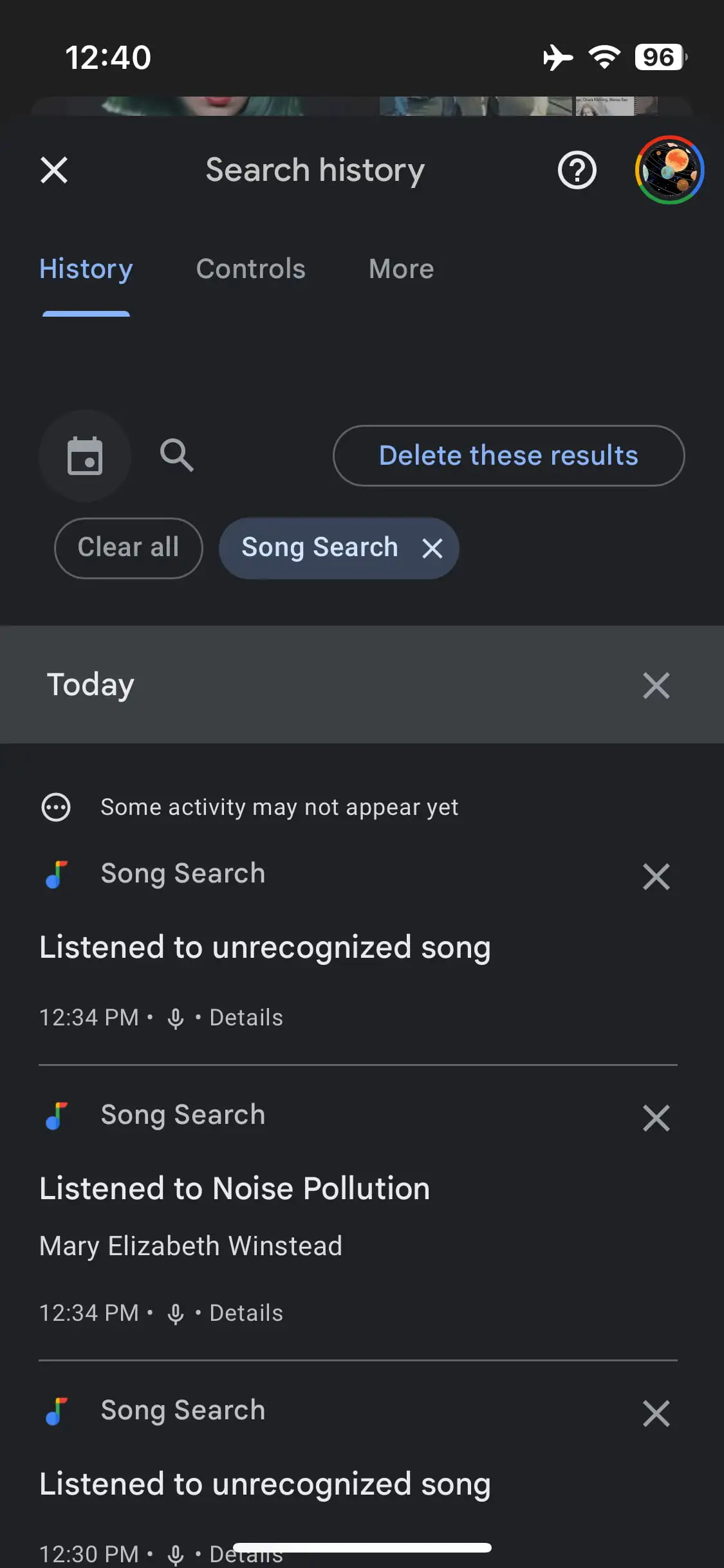 Historial de búsqueda de canciones en Google para iOS