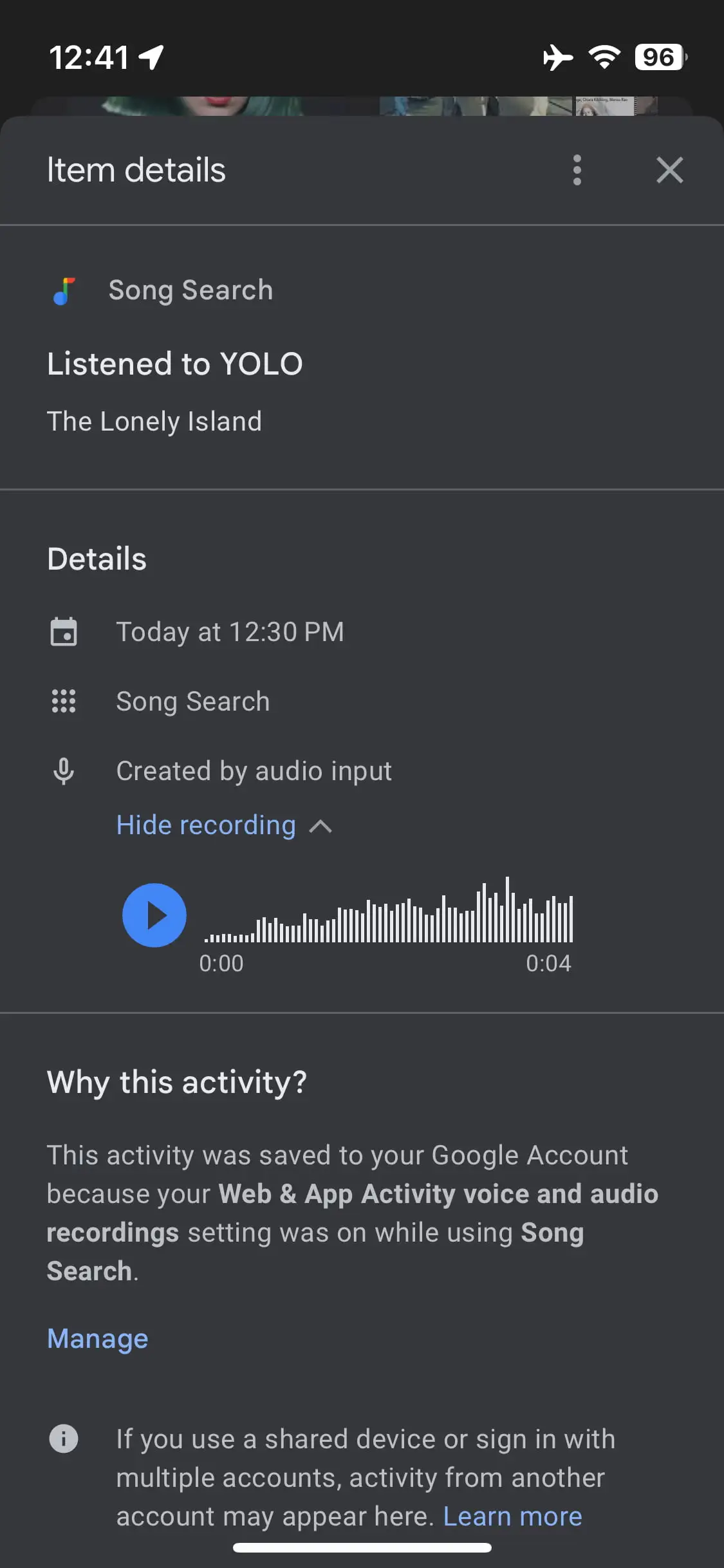 Búsquedas recientes de canciones en la aplicación Google