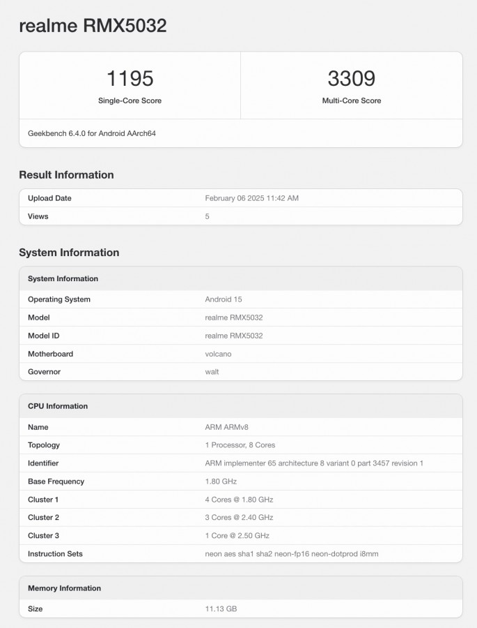Resultados de Geekbench Resultados de las pruebas de rendimiento del Realme P3 Pro en Geekbench