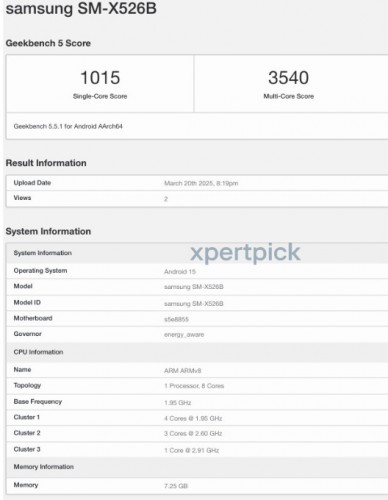 Galaxy Tab S10 FE (SM-X526B) en Geekbench. Ilustración: xpertpick