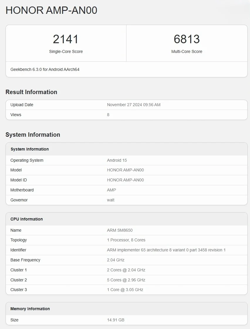 Результаты теста предполагаемого Honor 300 Pro в Geekbench Результаты теста предполагаемого Honor 300 Pro в Geekbench