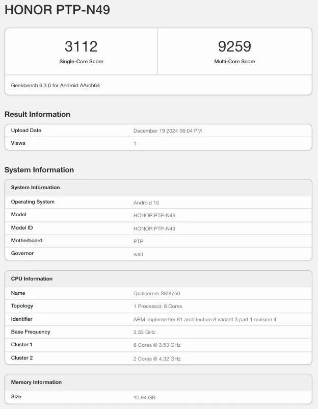Resultados de las pruebas de rendimiento del HONOR Magic7 Pro. Fuente: Geekbench