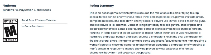 Captura de pantalla de la descripción del juego en el sitio web de la ESRB Captura de pantalla de la descripción del juego en el sitio web de la ESRB