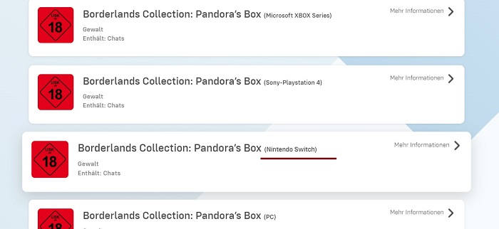 The Borderlands Collection: Pandora's Box podría lanzarse también en Nintendo Switch, tal y como indica la información de una agencia de calificación alemana-2 The Borderlands Collection: Pandora's Box podría lanzarse también en Nintendo Switch, tal y como indica la información de una agencia de calificación alemana-2