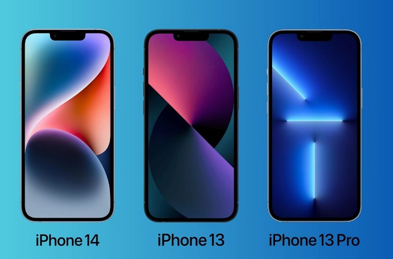 Una ilustración de los iPhone 14, 13 y 13 Pro con un recorte de muesca Una ilustración de los iPhone 14, 13 y 13 Pro con un recorte de muesca