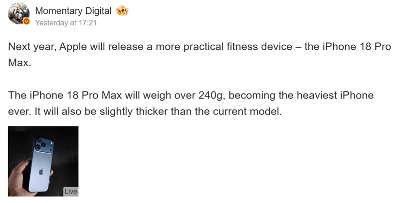 Traducción automática del mensaje de Instant Digital en Weibo sobre las dimensiones del iPhone 18 Pro Max
